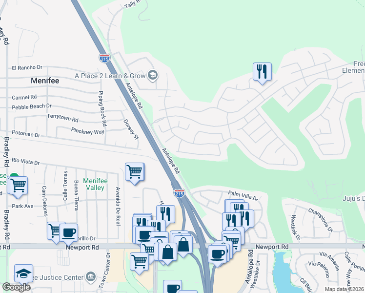 map of restaurants, bars, coffee shops, grocery stores, and more near 29492 Emberwood Way in Menifee