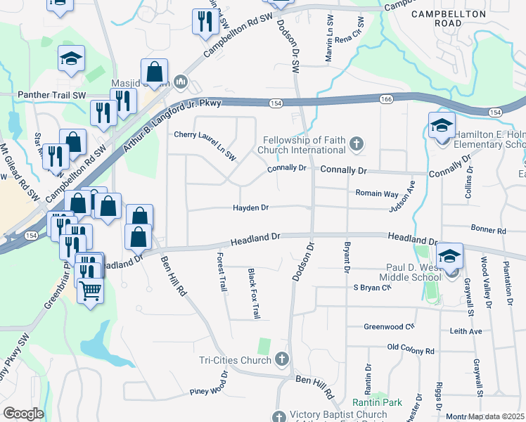 map of restaurants, bars, coffee shops, grocery stores, and more near 2705 Hayden Drive in East Point
