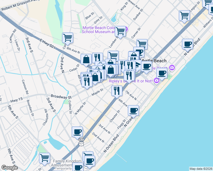 map of restaurants, bars, coffee shops, grocery stores, and more near 704 Main Street in Myrtle Beach