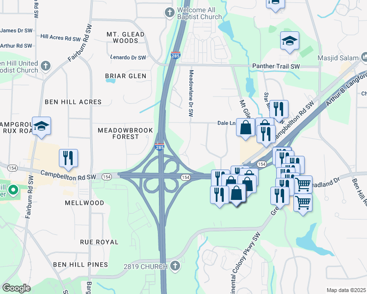 map of restaurants, bars, coffee shops, grocery stores, and more near 2329 Meadowlane Drive Southwest in Atlanta