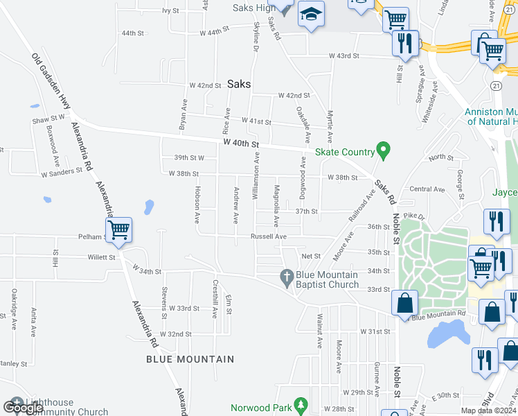 map of restaurants, bars, coffee shops, grocery stores, and more near 401 Williamson Avenue in Anniston