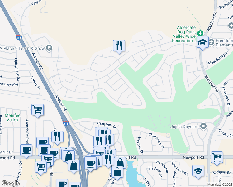 map of restaurants, bars, coffee shops, grocery stores, and more near 28173 Harmony Lane in Menifee