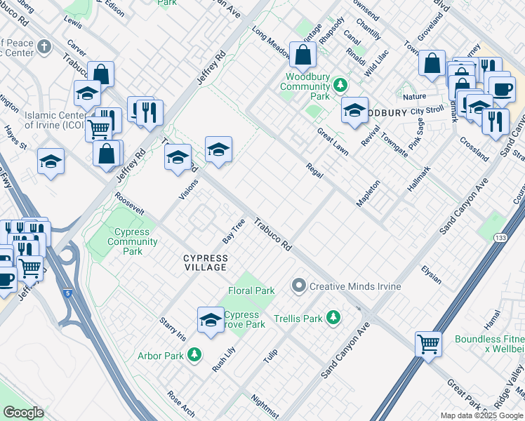 map of restaurants, bars, coffee shops, grocery stores, and more near 22 Breezes in Irvine