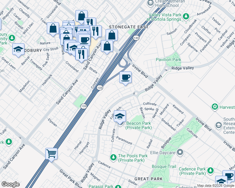 map of restaurants, bars, coffee shops, grocery stores, and more near 252 Novel in Irvine