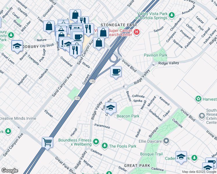 map of restaurants, bars, coffee shops, grocery stores, and more near 284 Novel in Irvine