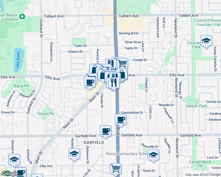 map of restaurants, bars, coffee shops, grocery stores, and more near 18561 Beach Boulevard in Huntington Beach