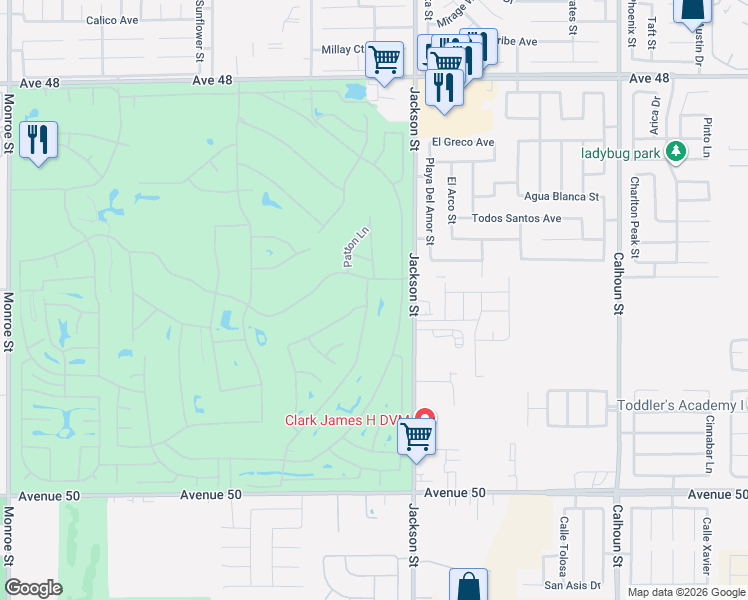 map of restaurants, bars, coffee shops, grocery stores, and more near 49108 Wayne Street in Indio