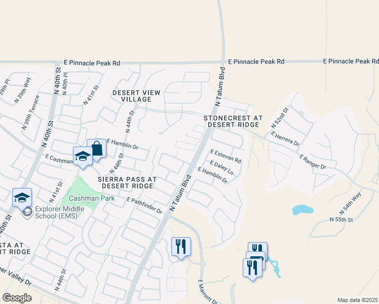 map of restaurants, bars, coffee shops, grocery stores, and more near 4647 East Patrick Lane in Phoenix