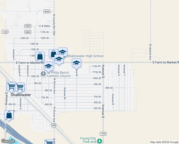 map of restaurants, bars, coffee shops, grocery stores, and more near 1101 Avenue P in Shallowater