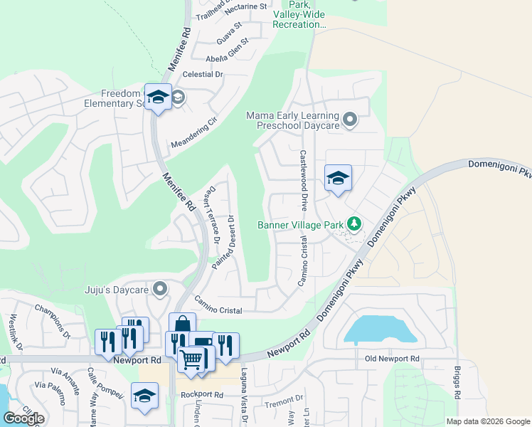 map of restaurants, bars, coffee shops, grocery stores, and more near 29545 Peacock Mountain Drive in Menifee