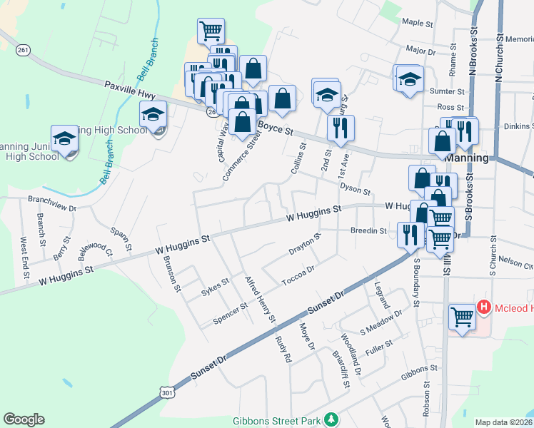 map of restaurants, bars, coffee shops, grocery stores, and more near 109 Calhoun Street in Manning