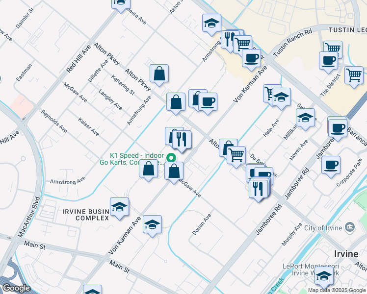 map of restaurants, bars, coffee shops, grocery stores, and more near in Irvine