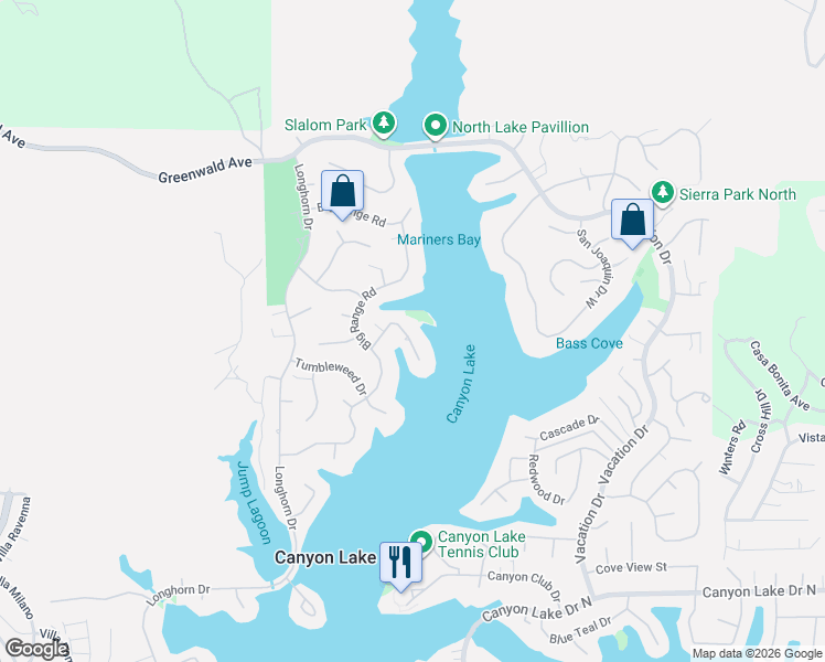 map of restaurants, bars, coffee shops, grocery stores, and more near 22386 Whirlaway Court in Canyon Lake