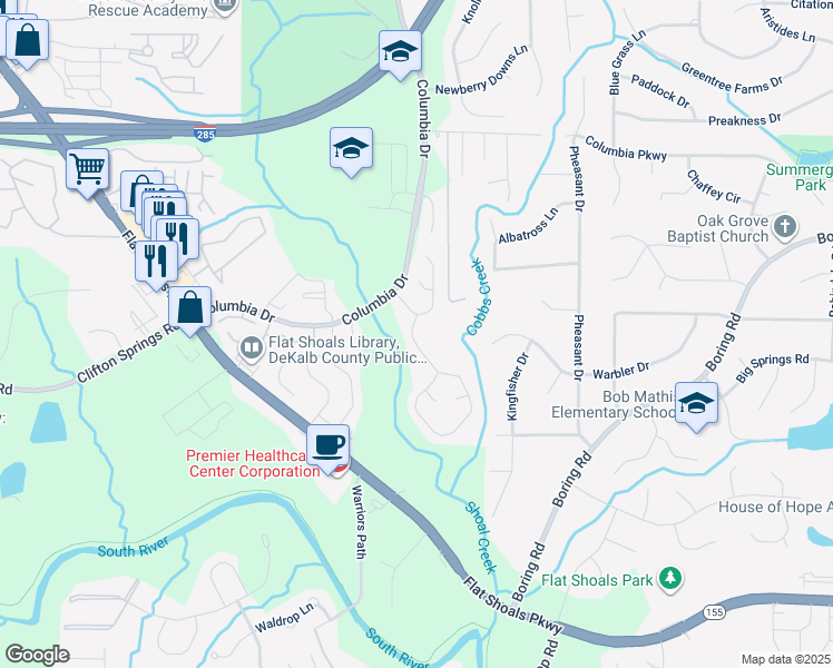 map of restaurants, bars, coffee shops, grocery stores, and more near 3174 Springside Ridge in Decatur