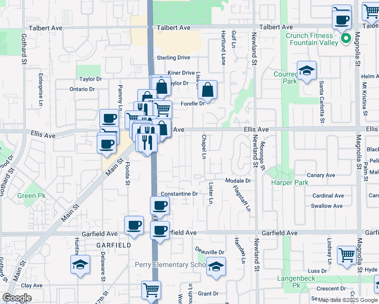map of restaurants, bars, coffee shops, grocery stores, and more near 18612 Demion Lane in Huntington Beach