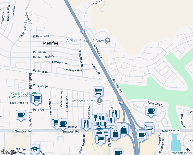 map of restaurants, bars, coffee shops, grocery stores, and more near 27602 Potomac Drive in Menifee