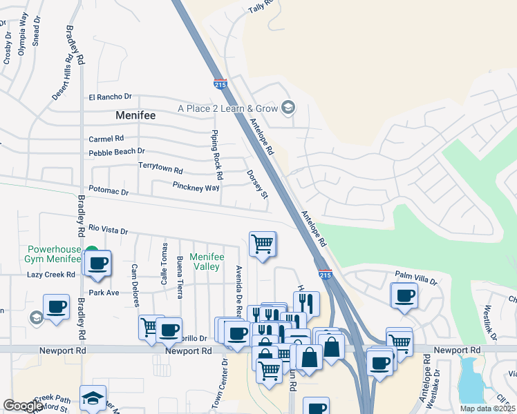 map of restaurants, bars, coffee shops, grocery stores, and more near 27602 Potomac Drive in Menifee