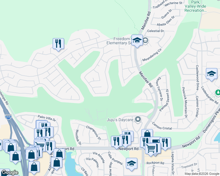 map of restaurants, bars, coffee shops, grocery stores, and more near 29530 Winding Brook Drive in Menifee