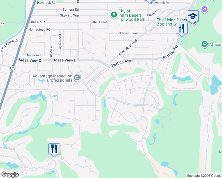 map of restaurants, bars, coffee shops, grocery stores, and more near 73256 Foxtail Lane in Palm Desert
