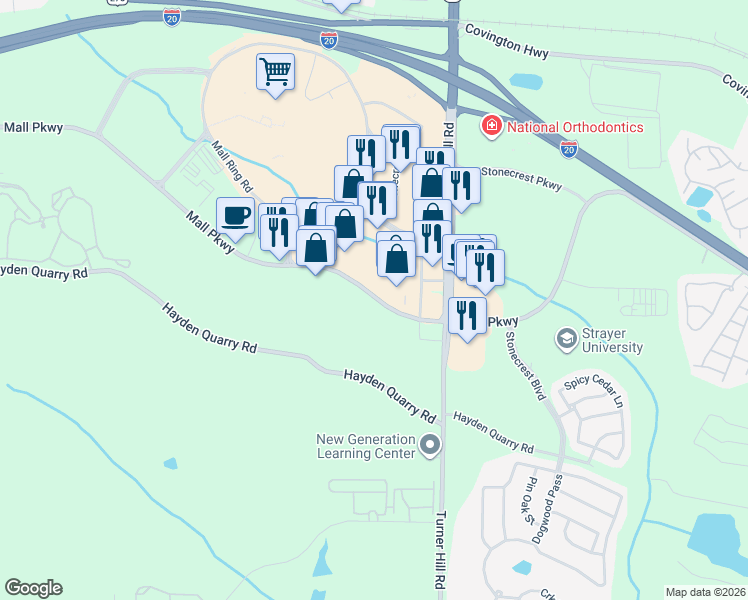 map of restaurants, bars, coffee shops, grocery stores, and more near 8100 Mall Parkway in Stonecrest