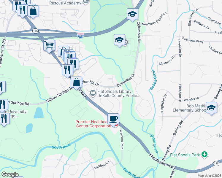 map of restaurants, bars, coffee shops, grocery stores, and more near in DeKalb County