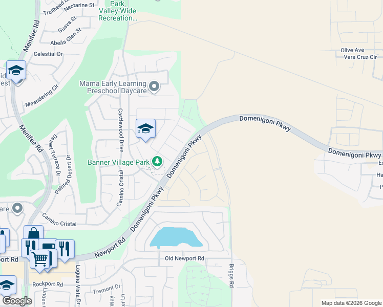 map of restaurants, bars, coffee shops, grocery stores, and more near 29839 Cliff Park Drive in Menifee