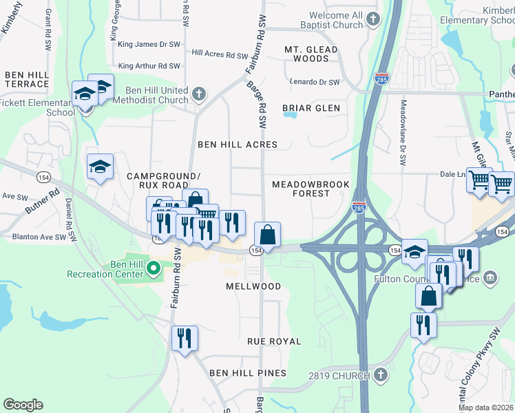 map of restaurants, bars, coffee shops, grocery stores, and more near 2315 Barge Road Southwest in Atlanta