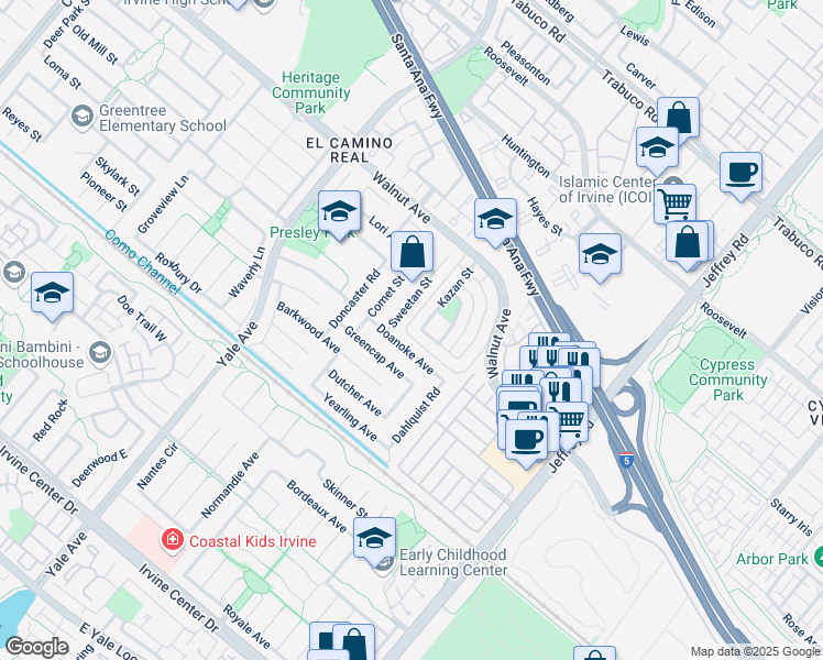 map of restaurants, bars, coffee shops, grocery stores, and more near 14662 Sweetan Street in Irvine