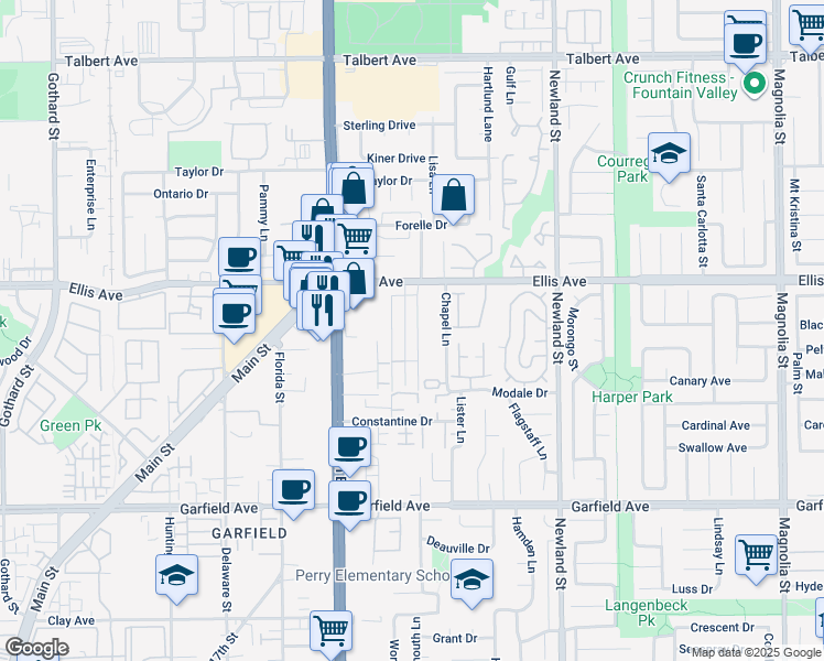 map of restaurants, bars, coffee shops, grocery stores, and more near 18612 Demion Lane in Huntington Beach