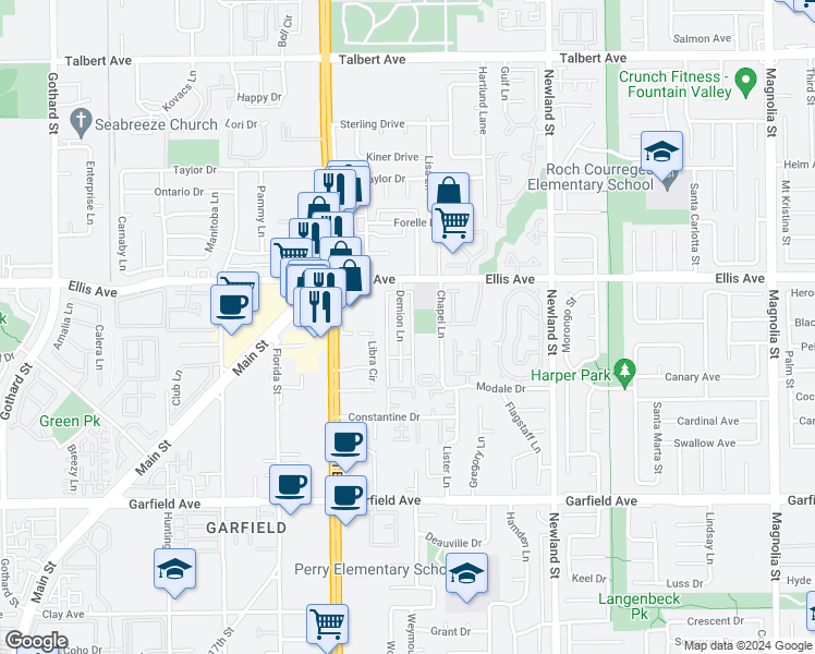 map of restaurants, bars, coffee shops, grocery stores, and more near 18572 Demion Lane in Huntington Beach