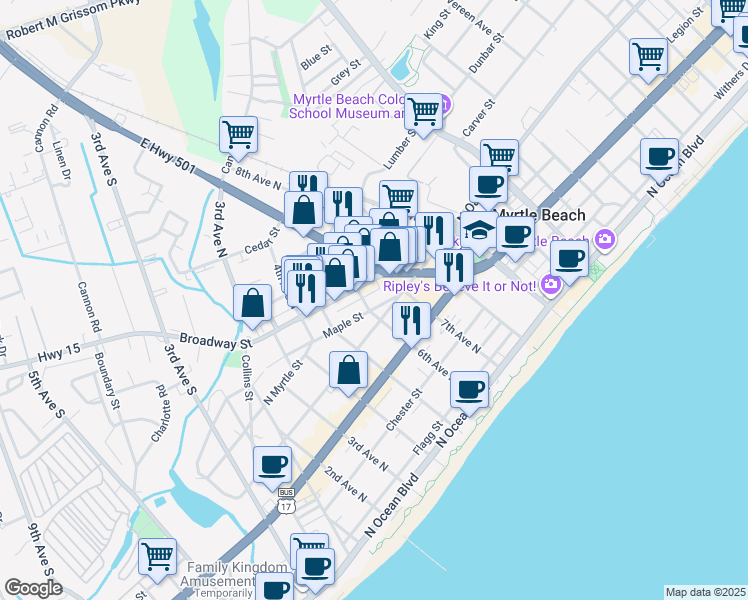 map of restaurants, bars, coffee shops, grocery stores, and more near 605 Broadway Street in Myrtle Beach