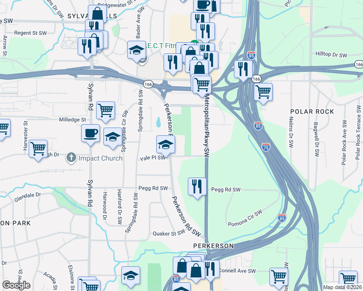 map of restaurants, bars, coffee shops, grocery stores, and more near 2262 Perkerson Road Southwest in Atlanta