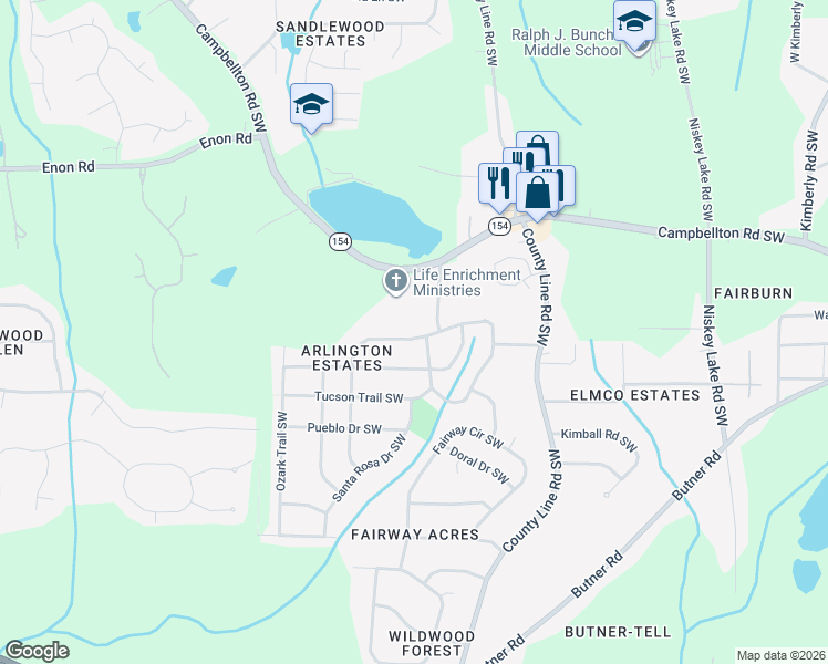 map of restaurants, bars, coffee shops, grocery stores, and more near 4631 Santa Fe Trail Southwest in Atlanta