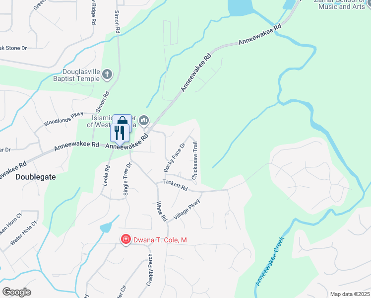 map of restaurants, bars, coffee shops, grocery stores, and more near 4128 Rocky Face Drive in Douglasville