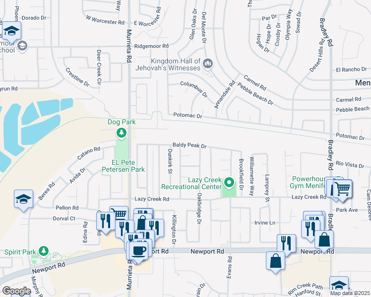map of restaurants, bars, coffee shops, grocery stores, and more near 26287 Baldy Peak Drive in Menifee