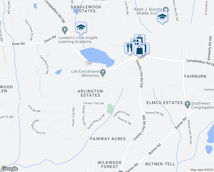 map of restaurants, bars, coffee shops, grocery stores, and more near 4631 Santa Fe Trail Southwest in Atlanta