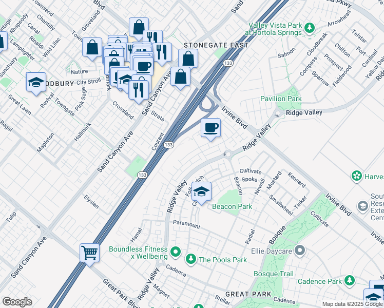 map of restaurants, bars, coffee shops, grocery stores, and more near 319 Novel in Irvine
