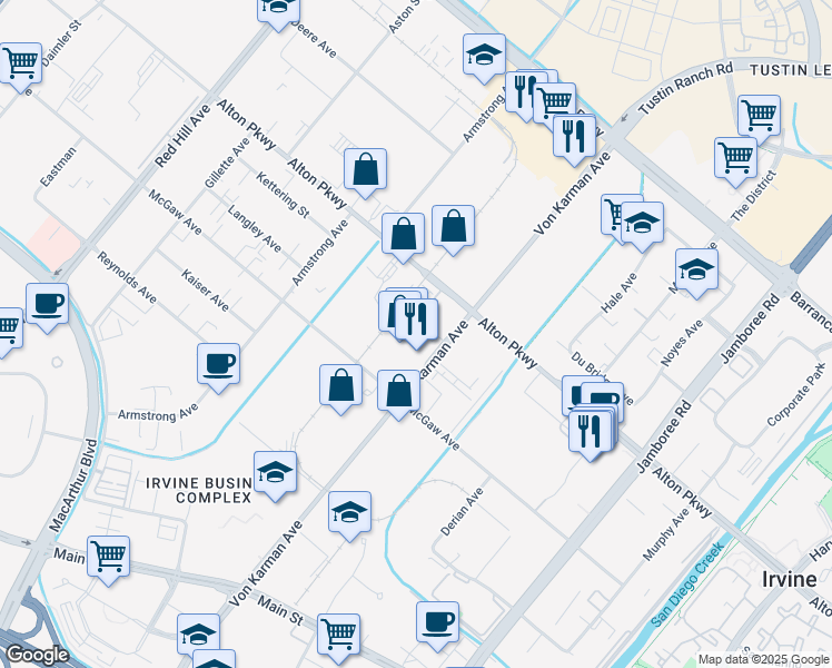 map of restaurants, bars, coffee shops, grocery stores, and more near 150 Unity Street in Irvine