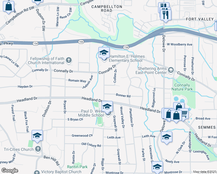 map of restaurants, bars, coffee shops, grocery stores, and more near 2362 Manor Avenue in East Point