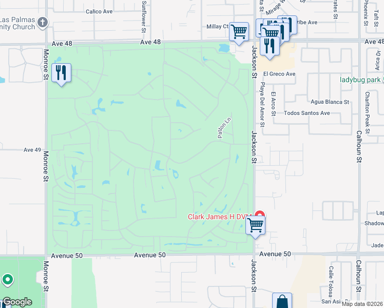 map of restaurants, bars, coffee shops, grocery stores, and more near 82698 Odlum Drive in Indio