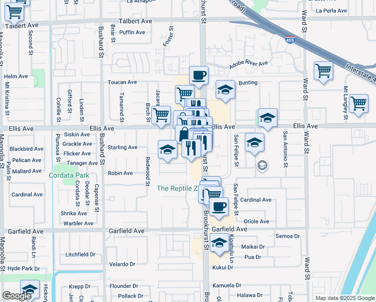map of restaurants, bars, coffee shops, grocery stores, and more near 18597 Brookhurst Street in Fountain Valley