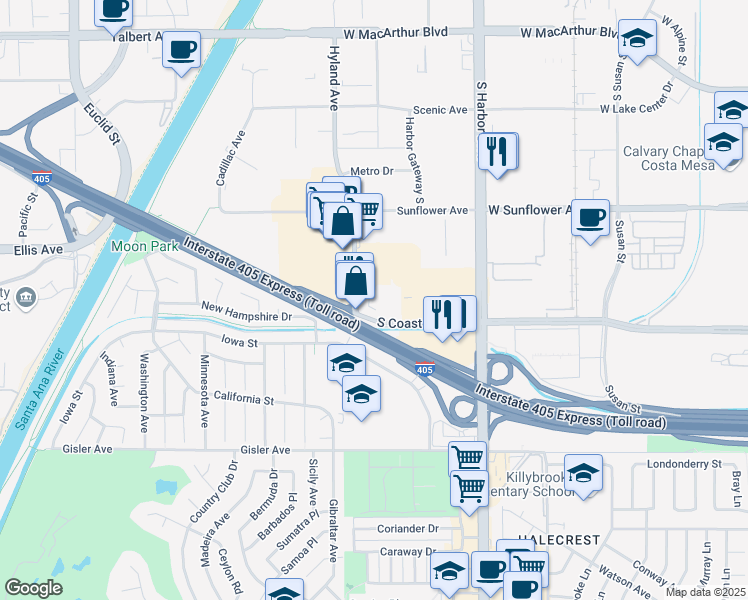 map of restaurants, bars, coffee shops, grocery stores, and more near 1588 South Coast Drive in Costa Mesa