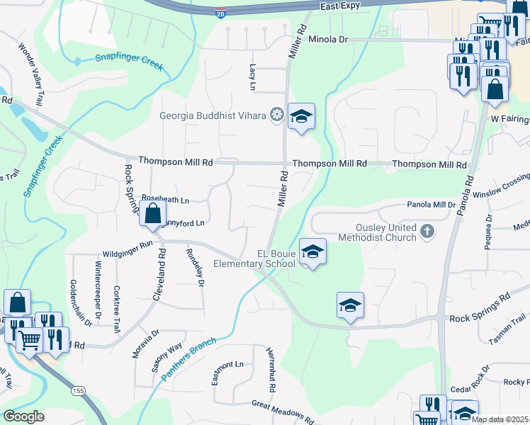 map of restaurants, bars, coffee shops, grocery stores, and more near 4983 Needle Knob Court in Stonecrest