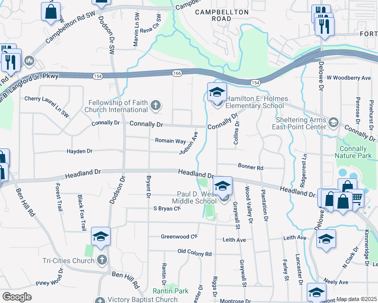 map of restaurants, bars, coffee shops, grocery stores, and more near 2450 Judson Avenue in East Point