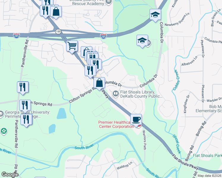 map of restaurants, bars, coffee shops, grocery stores, and more near 3176 Quincetree Lane in Decatur