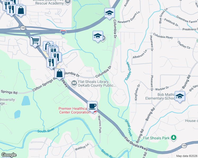 map of restaurants, bars, coffee shops, grocery stores, and more near 3091 Columbia Drive in Decatur