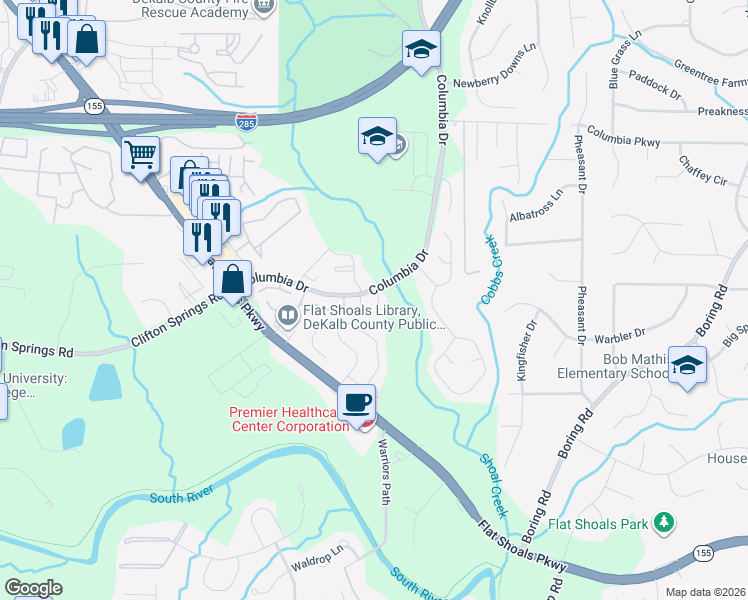 map of restaurants, bars, coffee shops, grocery stores, and more near in DeKalb County
