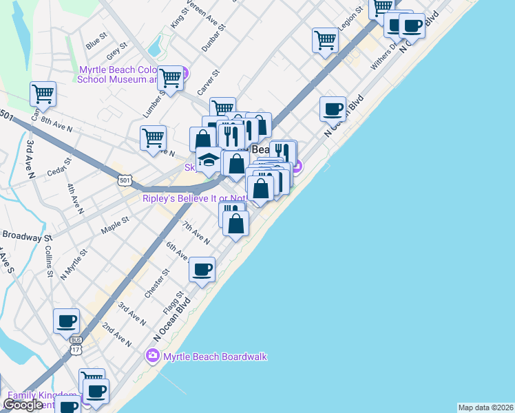 map of restaurants, bars, coffee shops, grocery stores, and more near 901 North Ocean Boulevard in Myrtle Beach