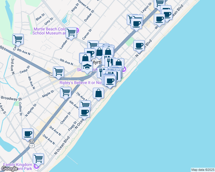 map of restaurants, bars, coffee shops, grocery stores, and more near 901 North Ocean Boulevard in Myrtle Beach
