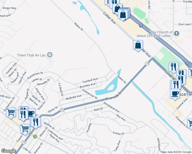 map of restaurants, bars, coffee shops, grocery stores, and more near Turnbull Avenue in Lake Elsinore